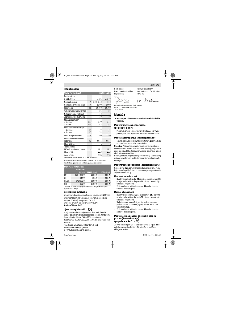 Montaža | Bosch GAS 35 L AFC Professional User Manual | Page 175 / 229