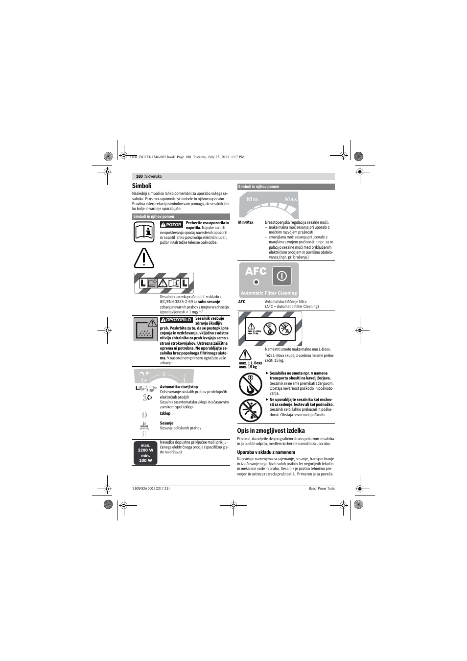 Simboli, Opis in zmogljivost izdelka | Bosch GAS 35 L AFC Professional User Manual | Page 180 / 229