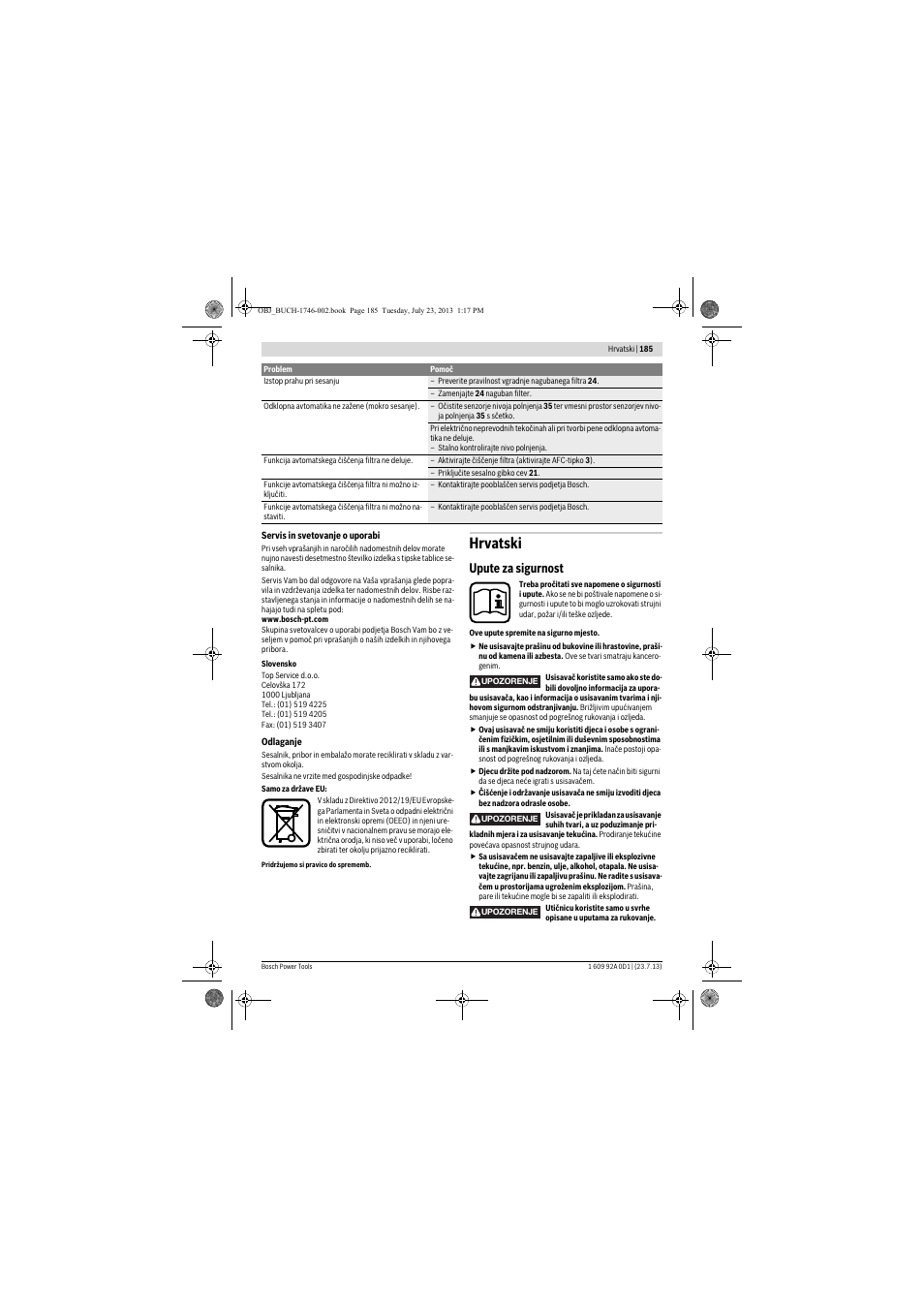 Hrvatski, Upute za sigurnost | Bosch GAS 35 L AFC Professional User Manual | Page 185 / 229