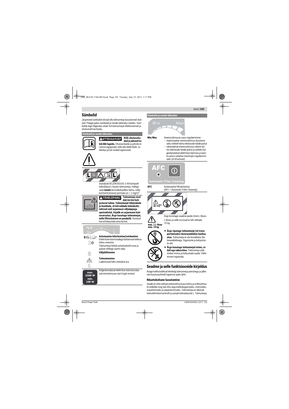 Sümbolid, Seadme ja selle funktsioonide kirjeldus | Bosch GAS 35 L AFC Professional User Manual | Page 193 / 229