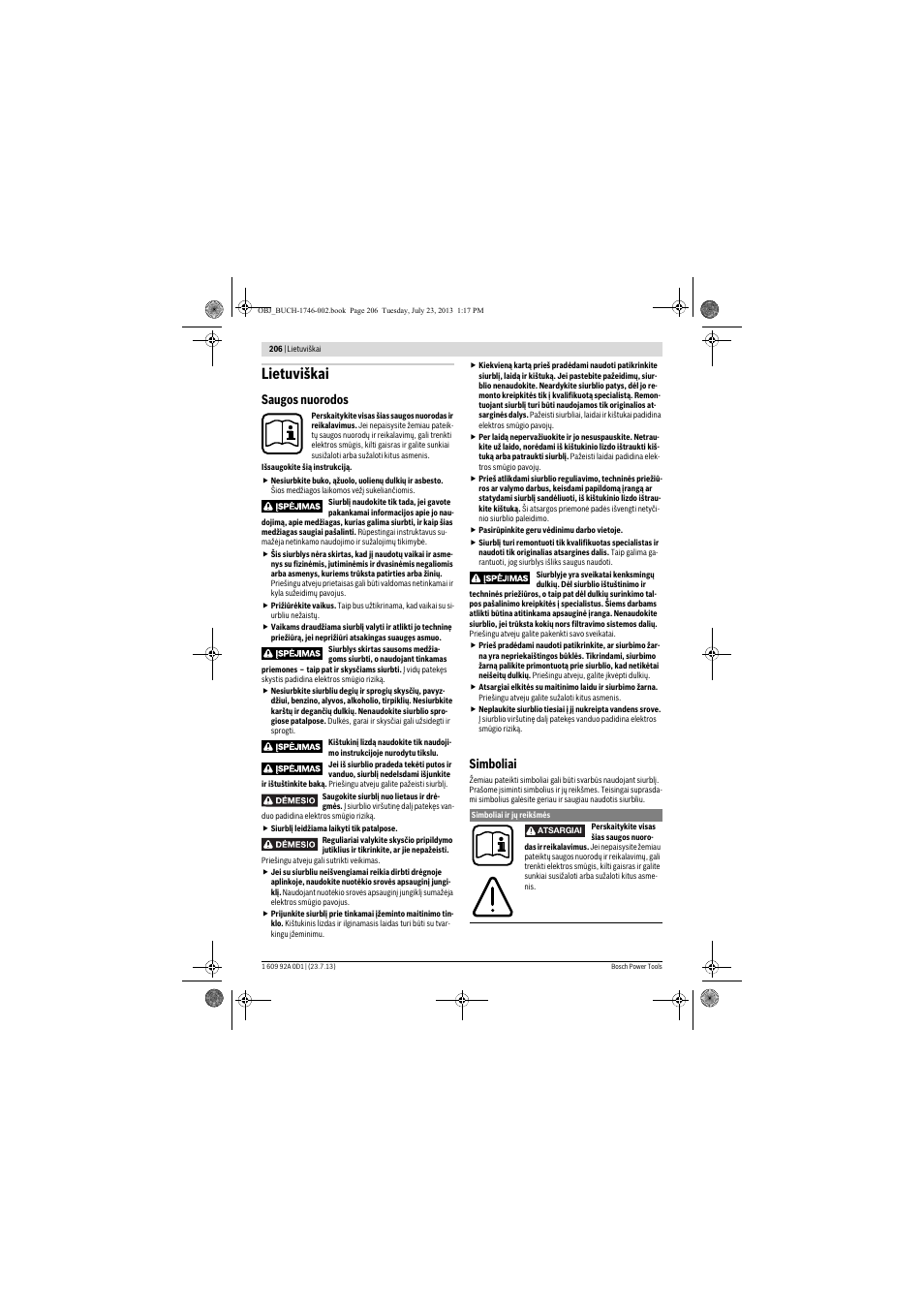 Lietuviškai, Saugos nuorodos, Simboliai | Bosch GAS 35 L AFC Professional User Manual | Page 206 / 229