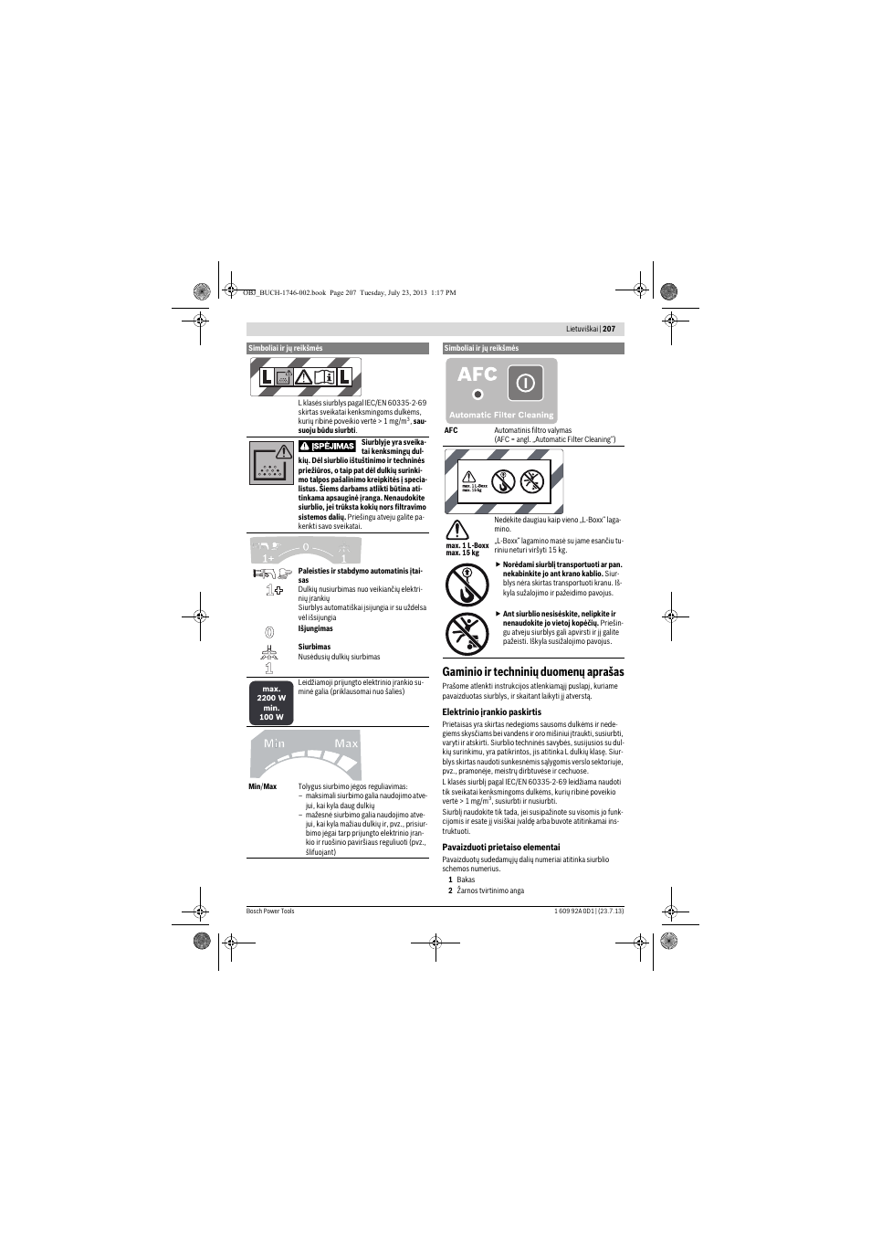 Gaminio ir techninių duomenų aprašas | Bosch GAS 35 L AFC Professional User Manual | Page 207 / 229