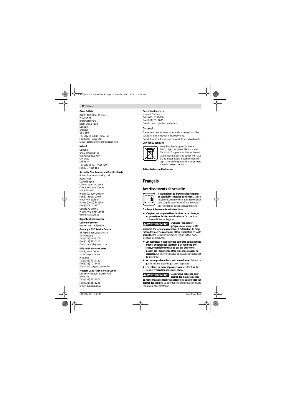 Français, Avertissements de sécurité | Bosch GAS 35 L AFC Professional User Manual | Page 22 / 229