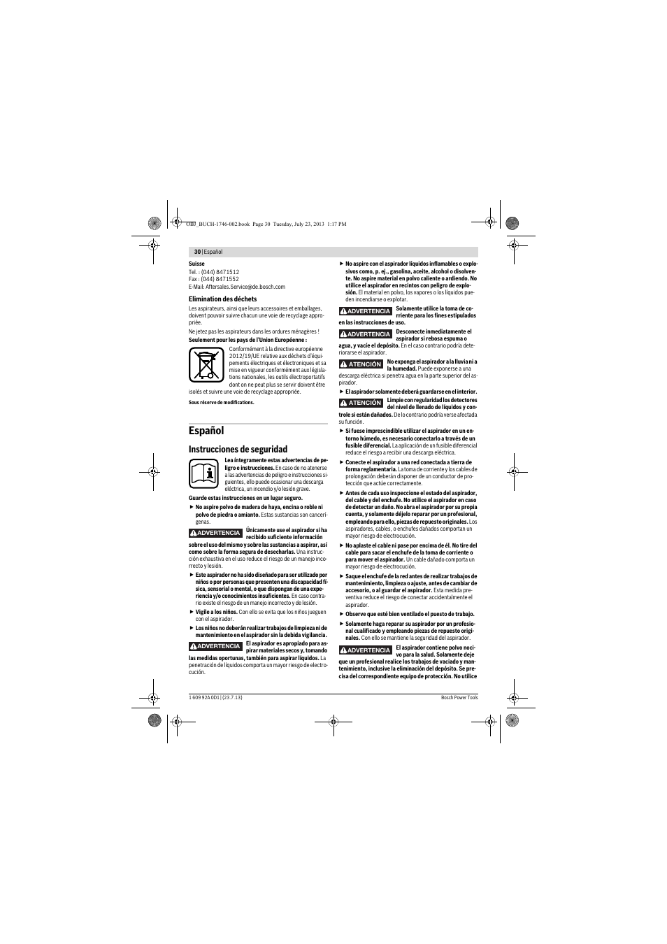 Español, Instrucciones de seguridad | Bosch GAS 35 L AFC Professional User Manual | Page 30 / 229