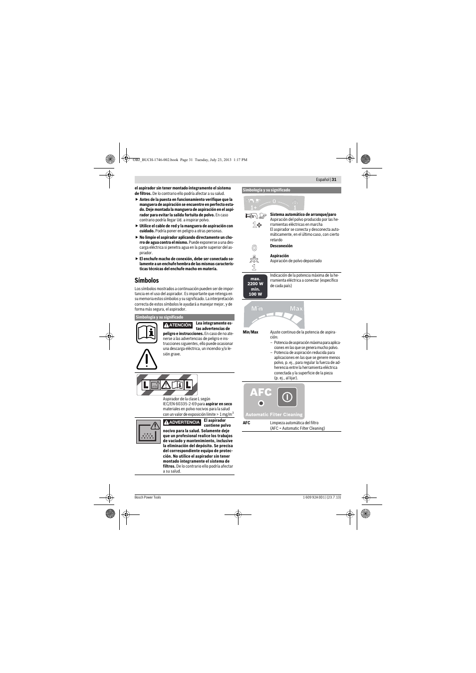 Símbolos | Bosch GAS 35 L AFC Professional User Manual | Page 31 / 229