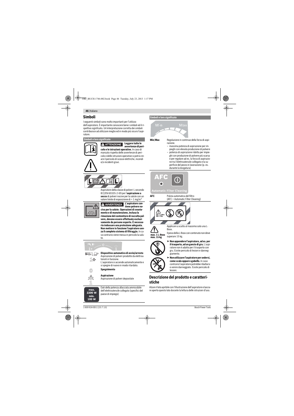 Simboli, Descrizione del prodotto e caratteri- stiche | Bosch GAS 35 L AFC Professional User Manual | Page 46 / 229