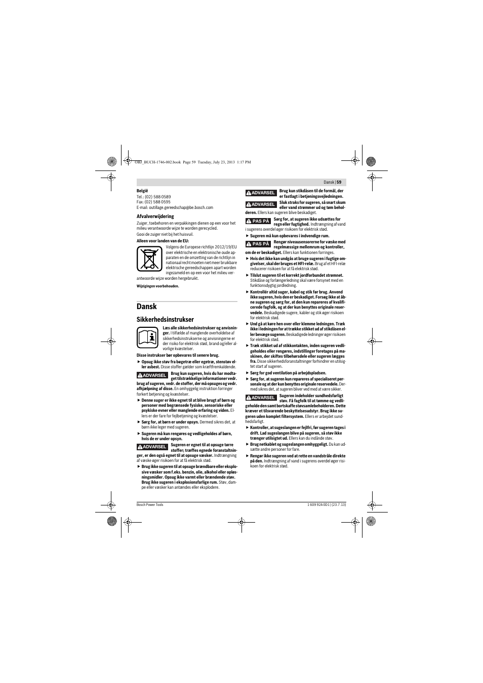 Dansk, Sikkerhedsinstrukser | Bosch GAS 35 L AFC Professional User Manual | Page 59 / 229