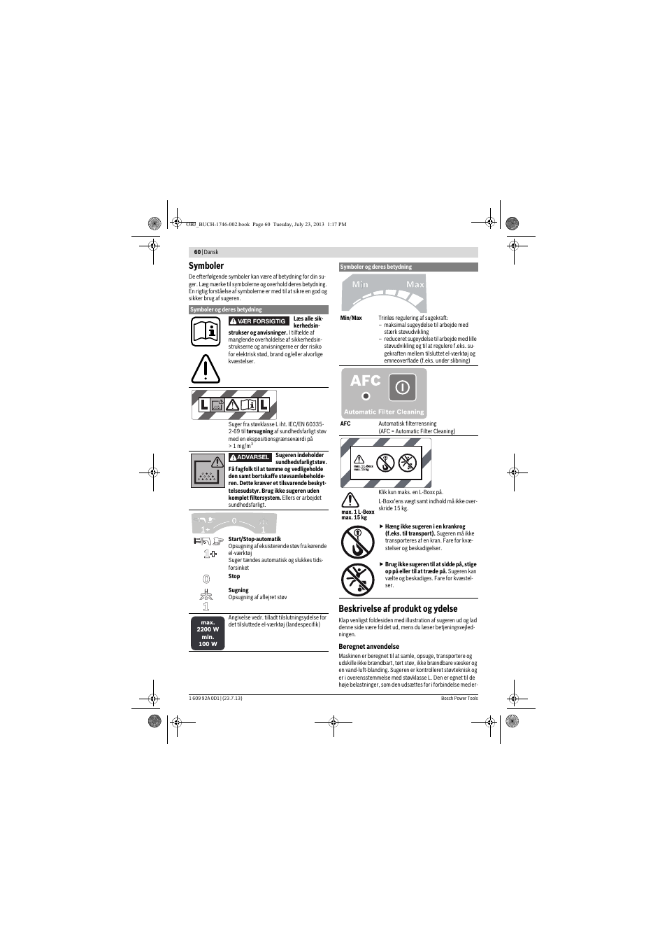 Symboler, Beskrivelse af produkt og ydelse | Bosch GAS 35 L AFC Professional User Manual | Page 60 / 229