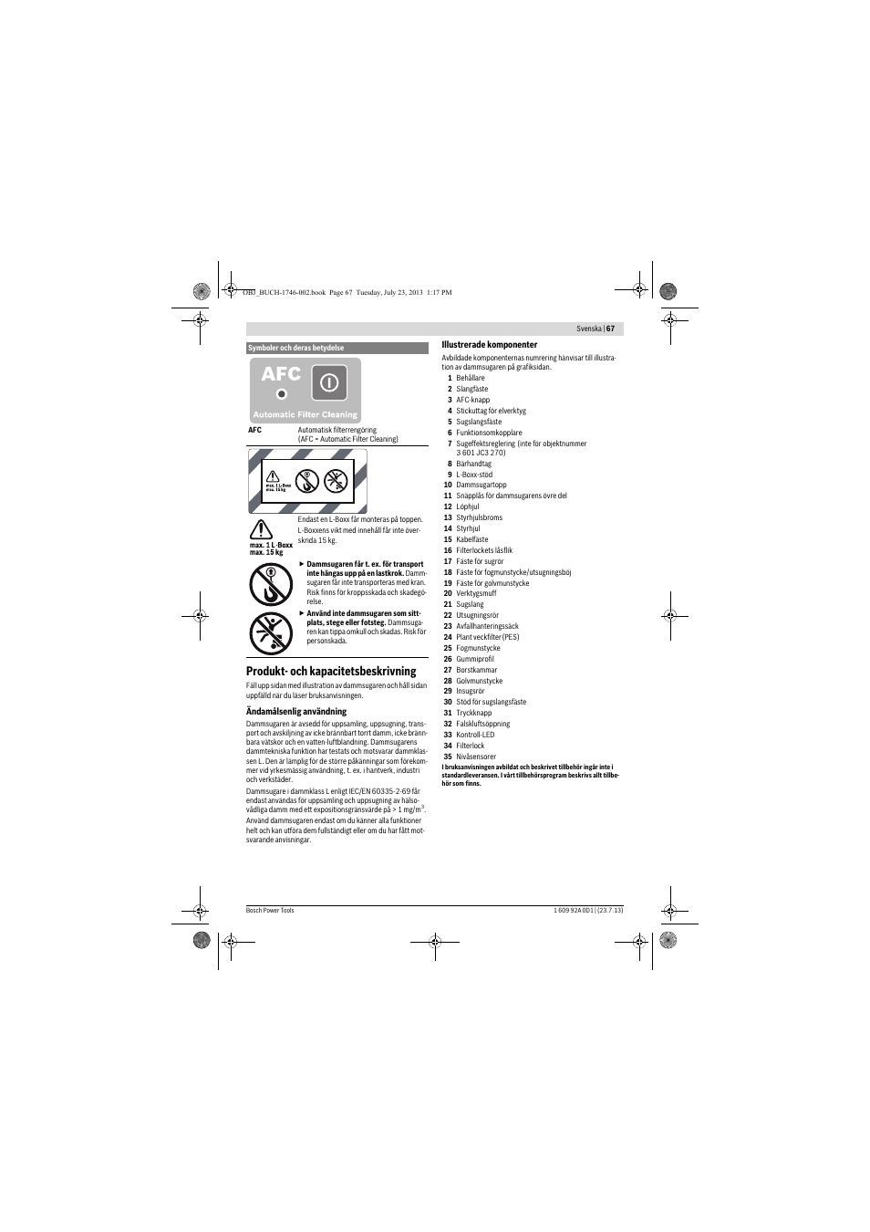 Produkt- och kapacitetsbeskrivning | Bosch GAS 35 L AFC Professional User Manual | Page 67 / 229