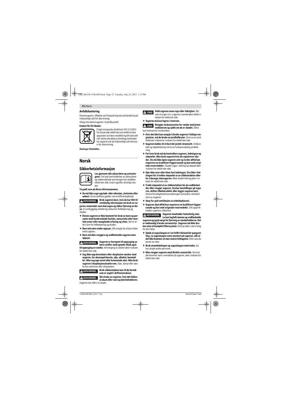 Norsk, Sikkerhetsinformasjon | Bosch GAS 35 L AFC Professional User Manual | Page 72 / 229