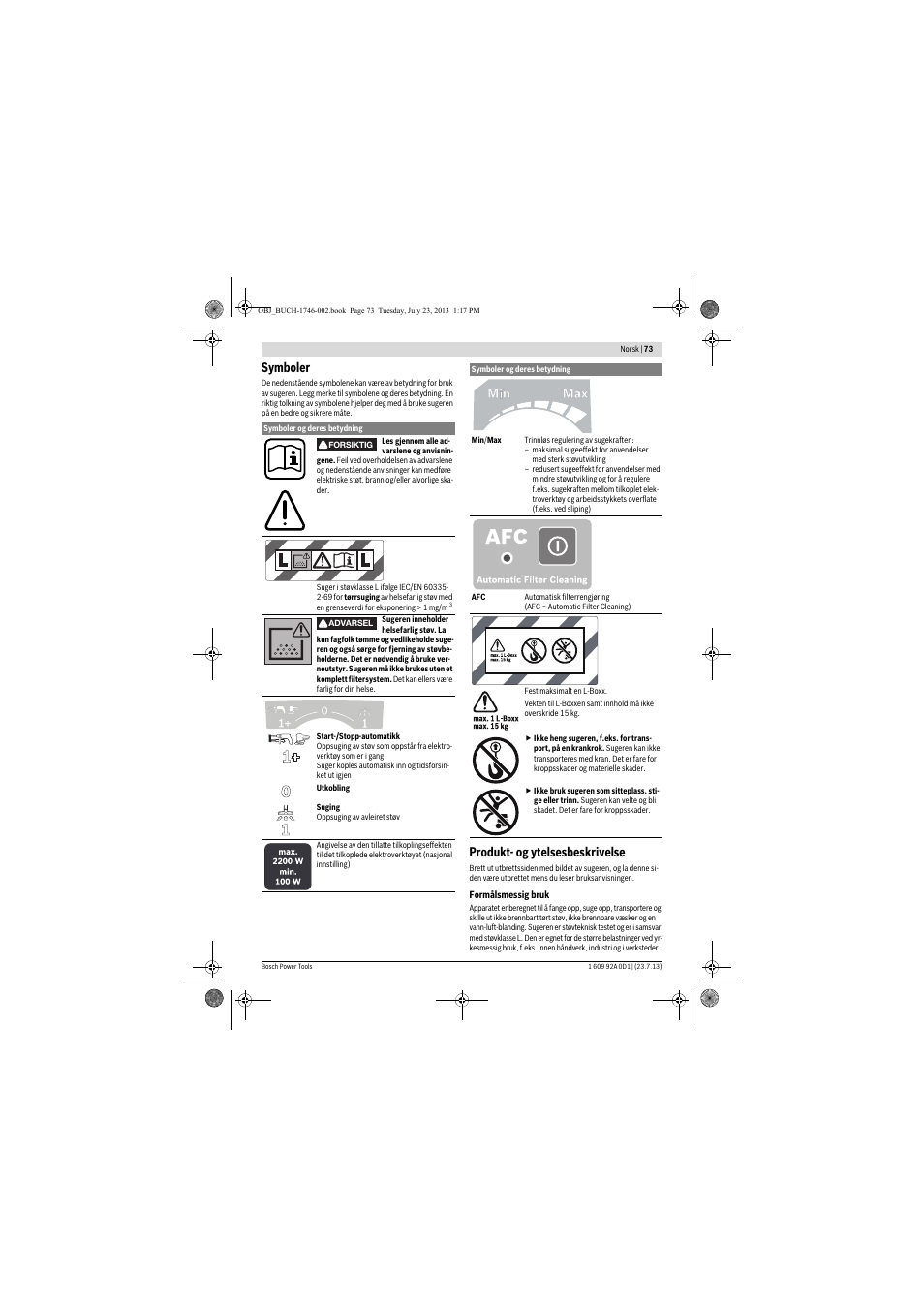 Symboler, Produkt- og ytelsesbeskrivelse | Bosch GAS 35 L AFC Professional User Manual | Page 73 / 229