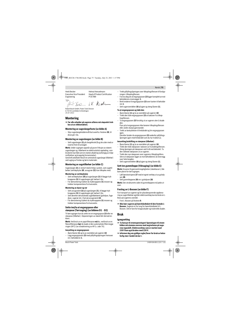 Montering, Bruk | Bosch GAS 35 L AFC Professional User Manual | Page 75 / 229