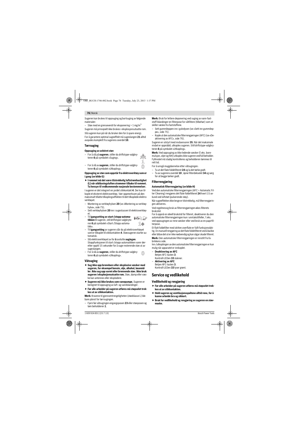 Service og vedlikehold | Bosch GAS 35 L AFC Professional User Manual | Page 76 / 229