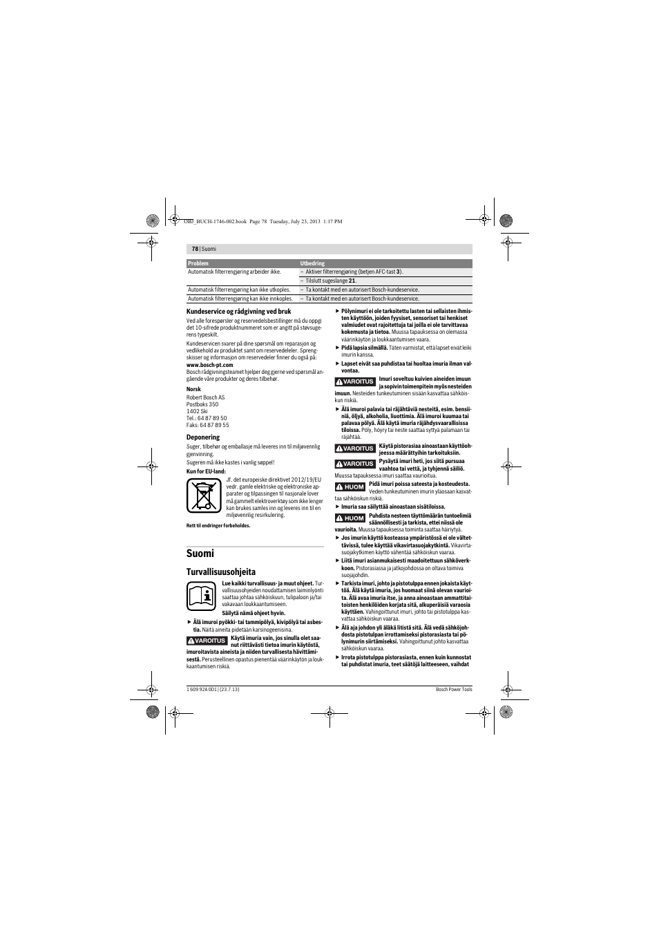 Suomi, Turvallisuusohjeita | Bosch GAS 35 L AFC Professional User Manual | Page 78 / 229