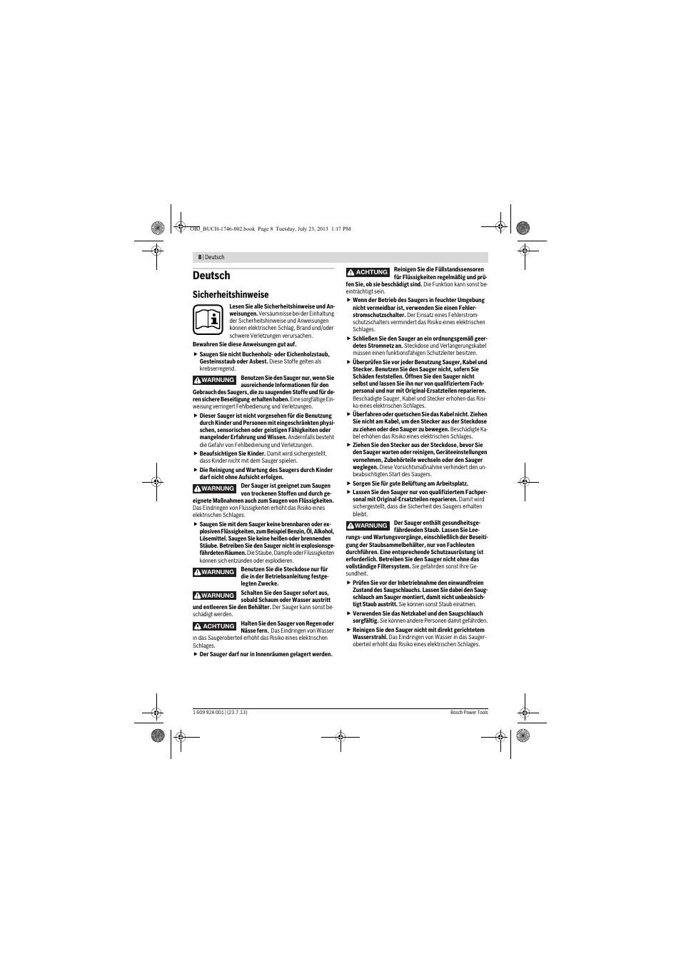 Deutsch, Sicherheitshinweise | Bosch GAS 35 L AFC Professional User Manual | Page 8 / 229