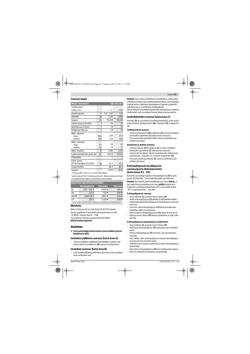 Asennus | Bosch GAS 35 L AFC Professional User Manual | Page 81 / 229