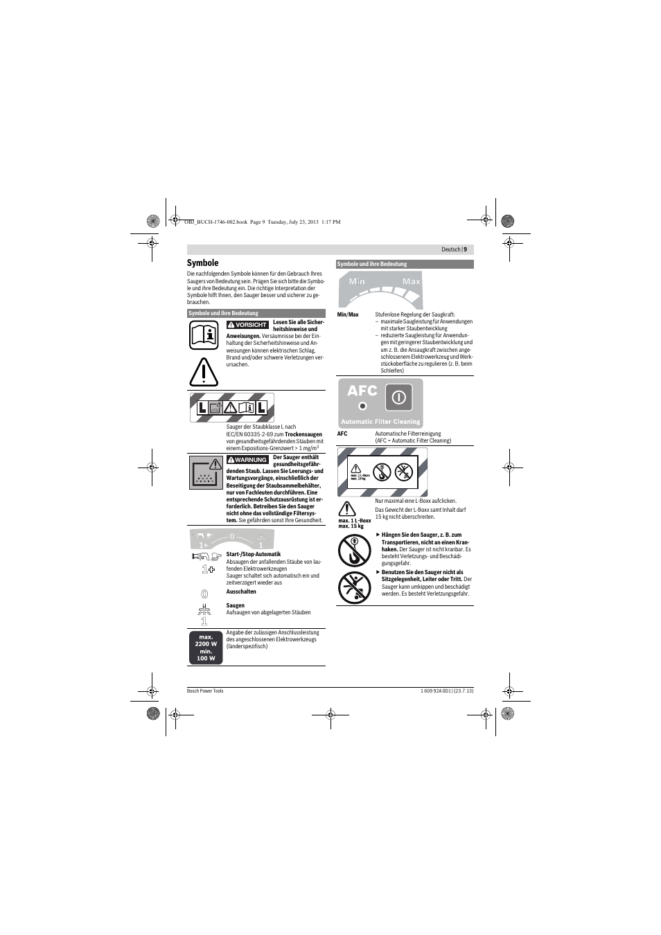 Symbole | Bosch GAS 35 L AFC Professional User Manual | Page 9 / 229