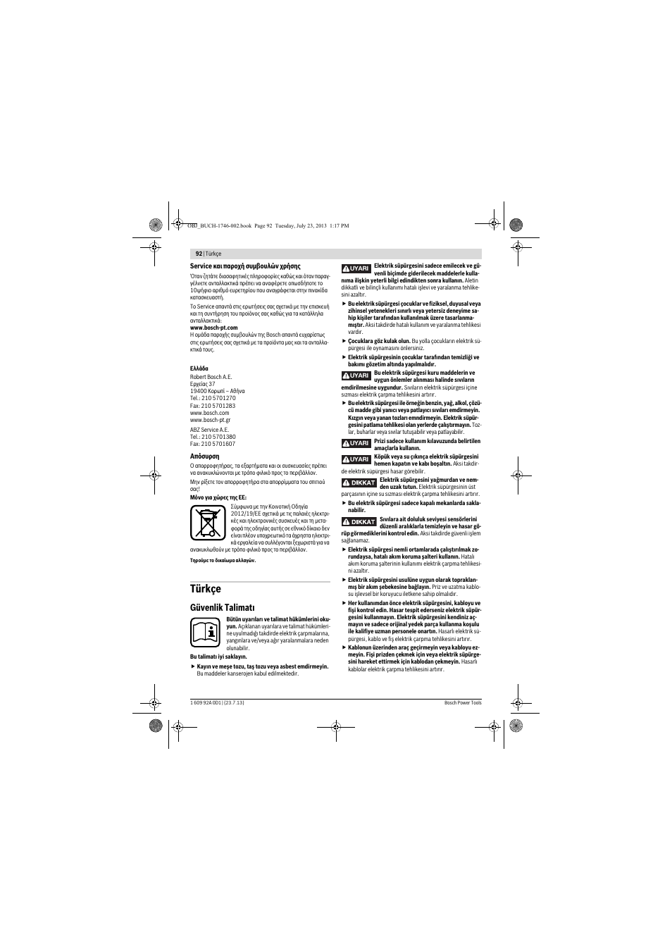 Türkçe, Güvenlik talimatı | Bosch GAS 35 L AFC Professional User Manual | Page 92 / 229