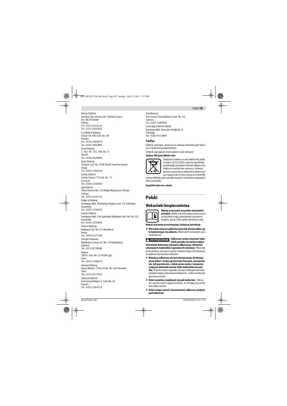 Polski, Wskazówki bezpieczeństwa | Bosch GAS 35 L AFC Professional User Manual | Page 99 / 229