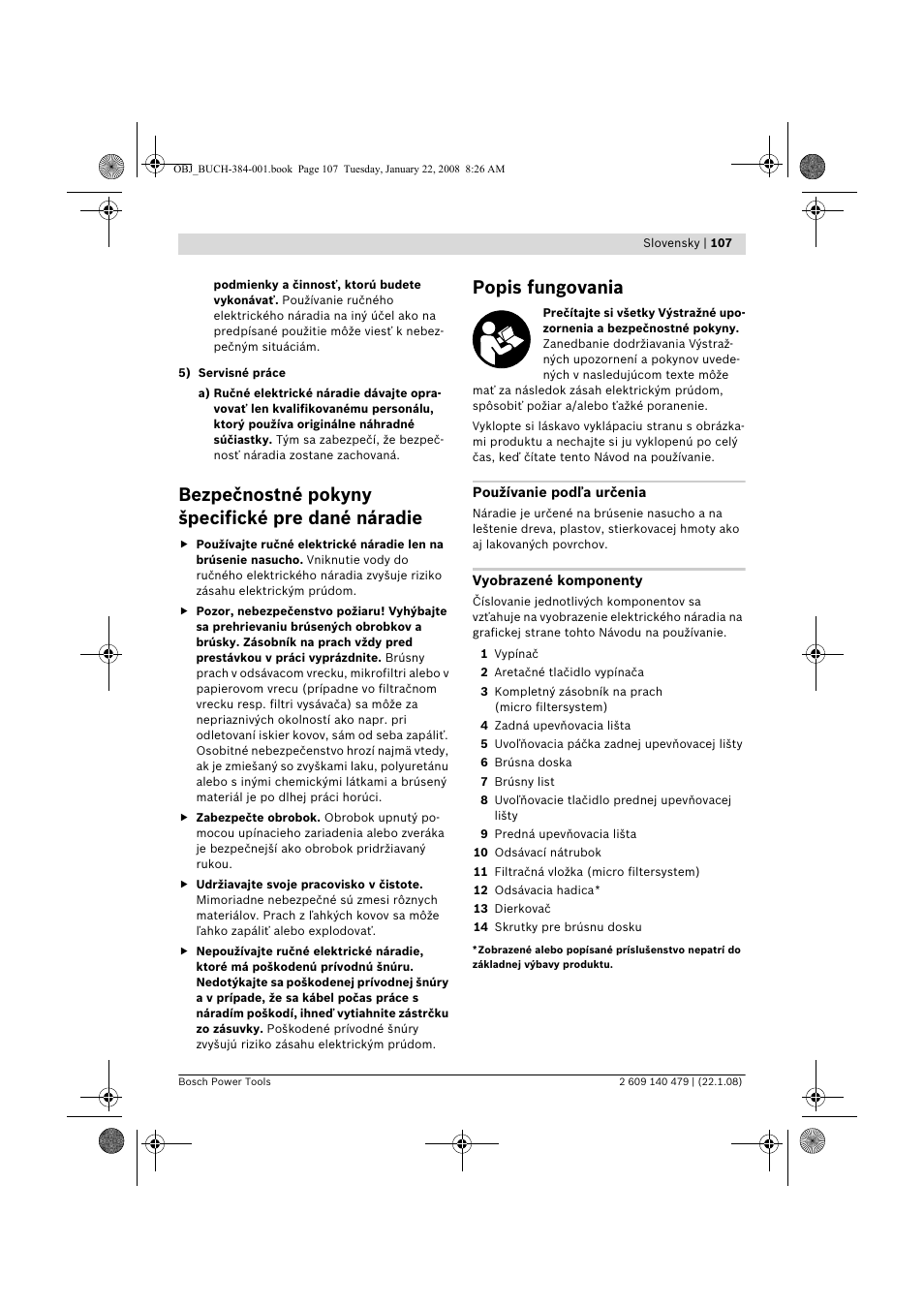 Bezpečnostné pokyny špecifické pre dané náradie, Popis fungovania | Bosch GSS 23 A Professional User Manual | Page 107 / 189