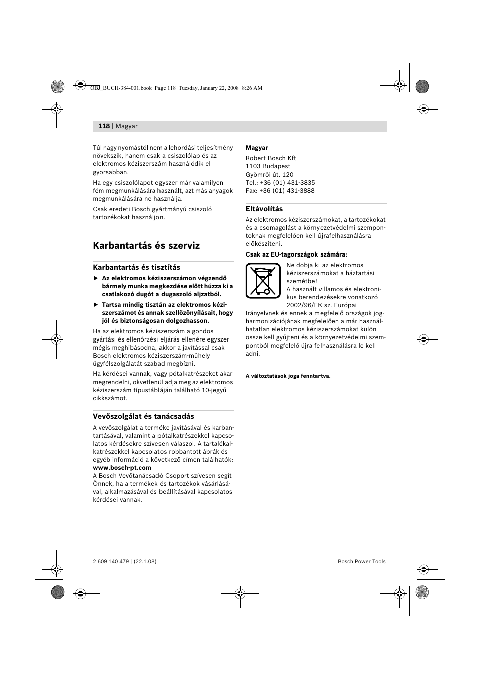 Karbantartás és szerviz | Bosch GSS 23 A Professional User Manual | Page 118 / 189