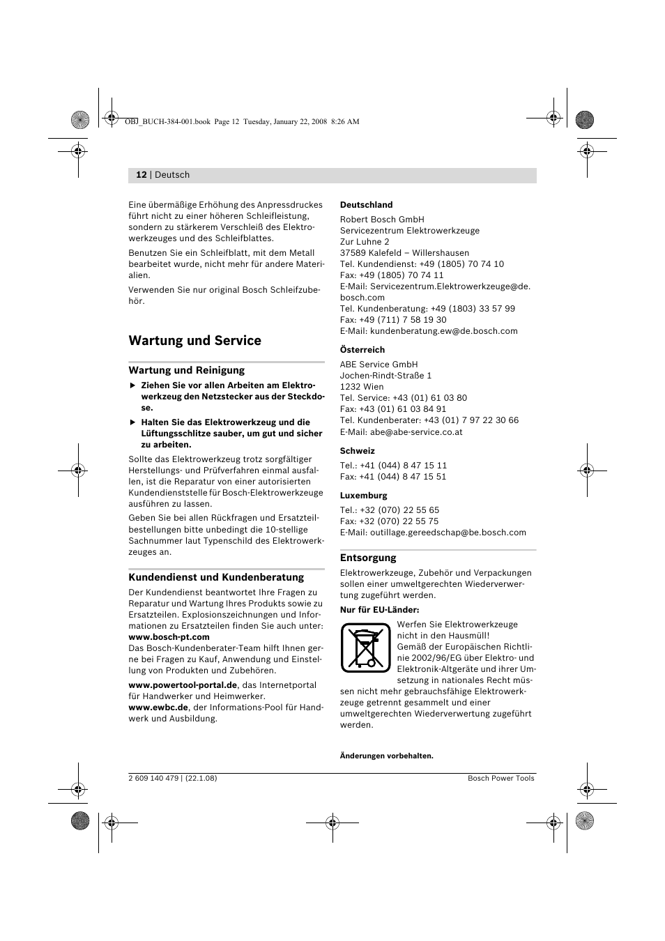 Wartung und service | Bosch GSS 23 A Professional User Manual | Page 12 / 189