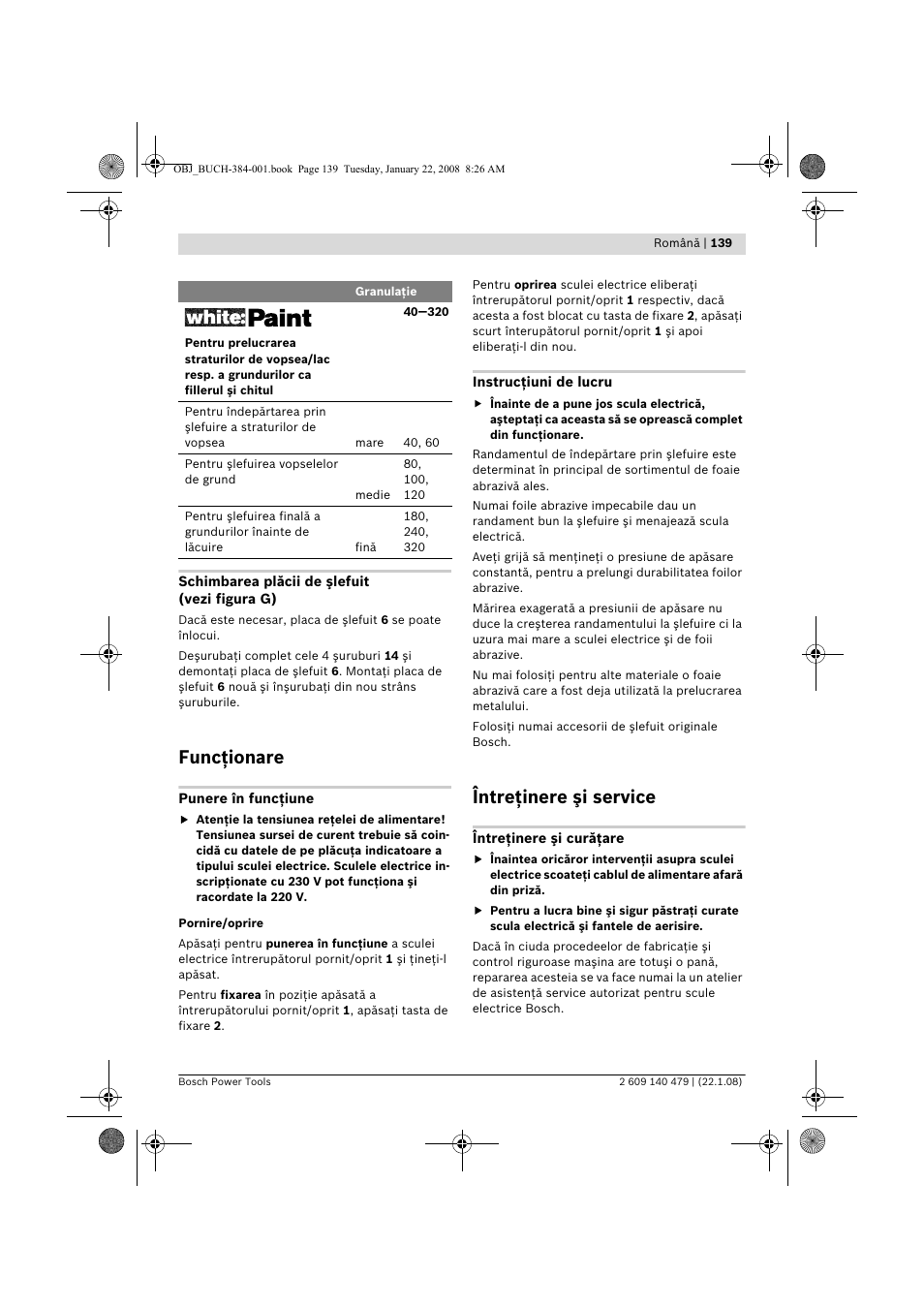 Funcţionare, Întreţinere şi service | Bosch GSS 23 A Professional User Manual | Page 139 / 189