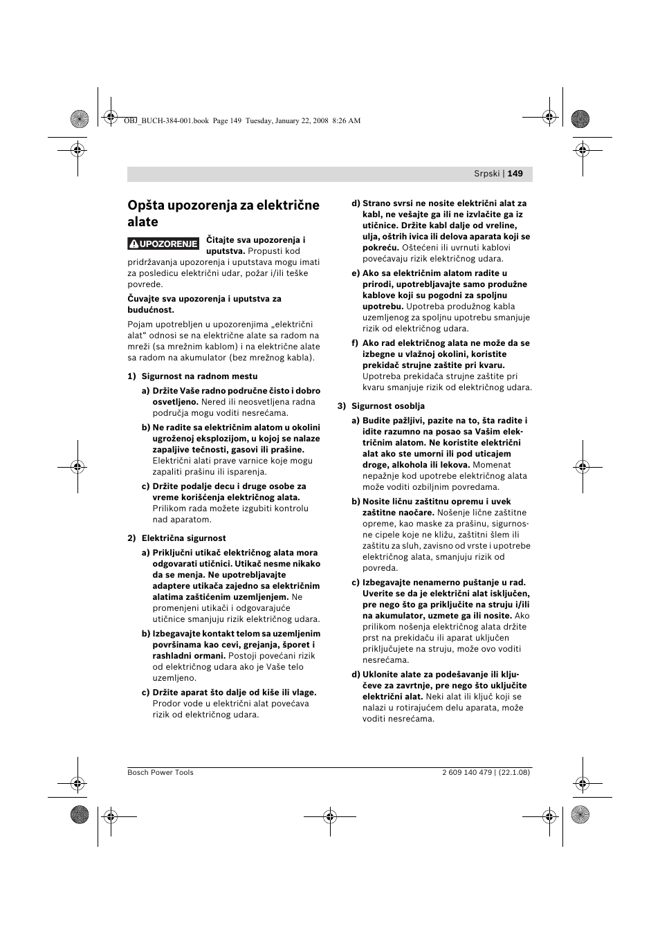 Opšta upozorenja za električne alate | Bosch GSS 23 A Professional User Manual | Page 149 / 189