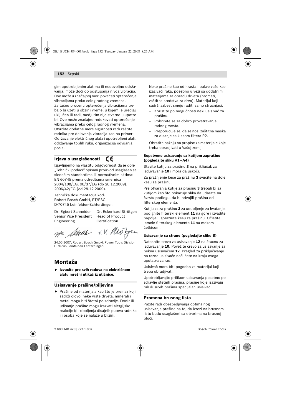 Montaža | Bosch GSS 23 A Professional User Manual | Page 152 / 189