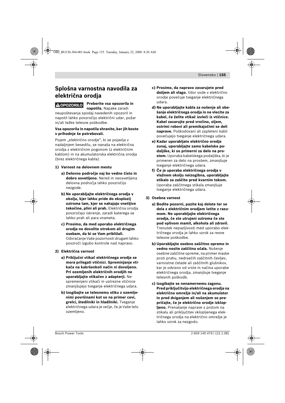 Splošna varnostna navodila za električna orodja | Bosch GSS 23 A Professional User Manual | Page 155 / 189