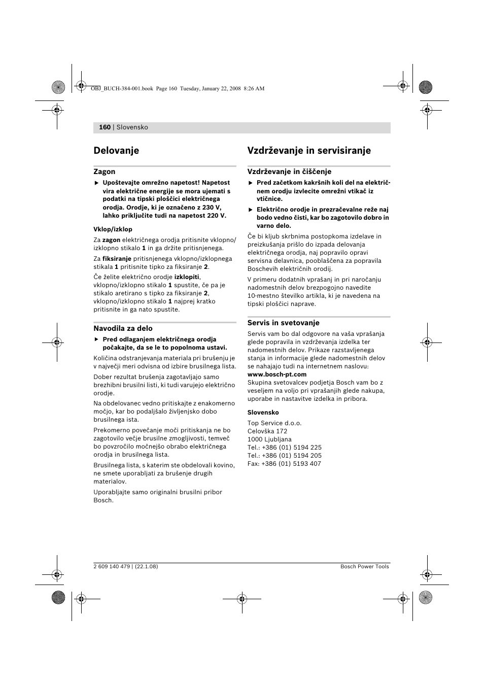 Delovanje, Vzdrževanje in servisiranje | Bosch GSS 23 A Professional User Manual | Page 160 / 189