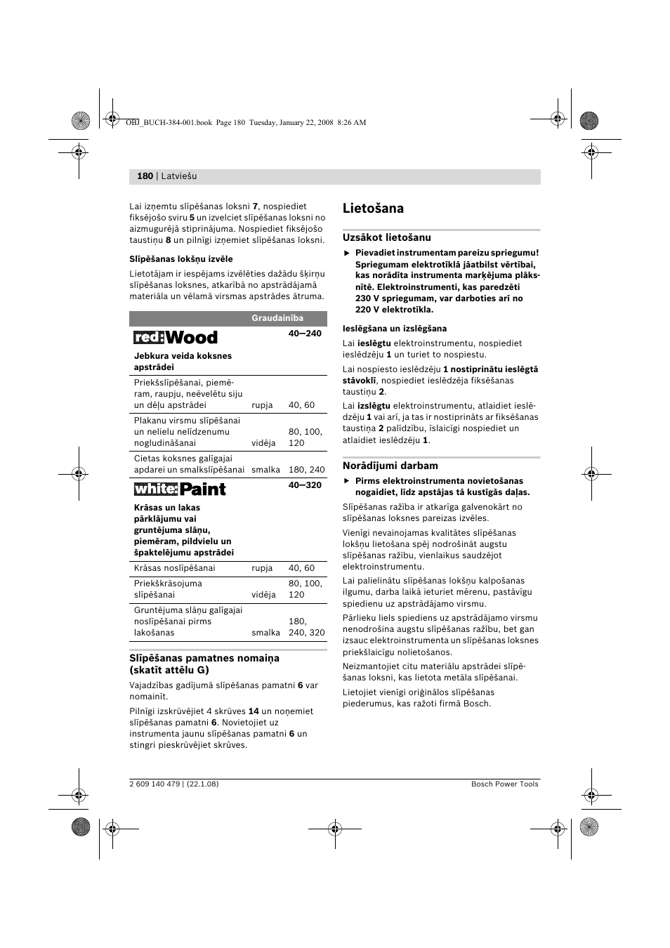 Lietošana | Bosch GSS 23 A Professional User Manual | Page 180 / 189