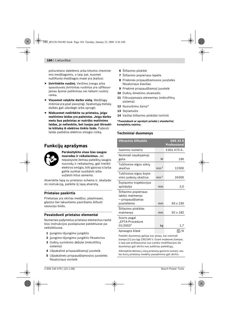 Funkcijų aprašymas | Bosch GSS 23 A Professional User Manual | Page 184 / 189