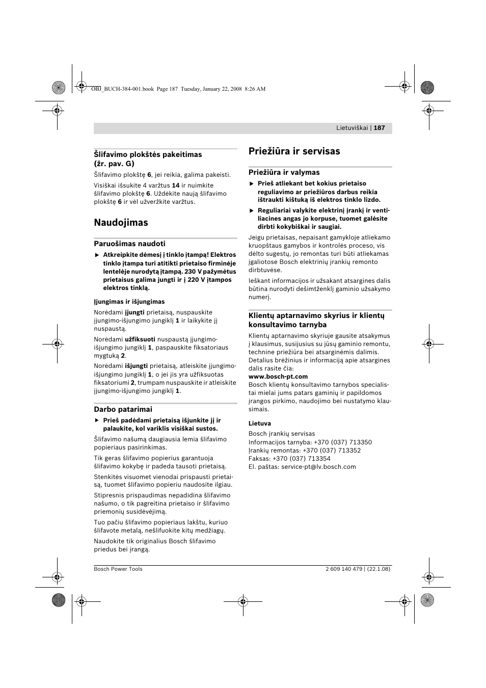 Naudojimas, Priežiūra ir servisas | Bosch GSS 23 A Professional User Manual | Page 187 / 189