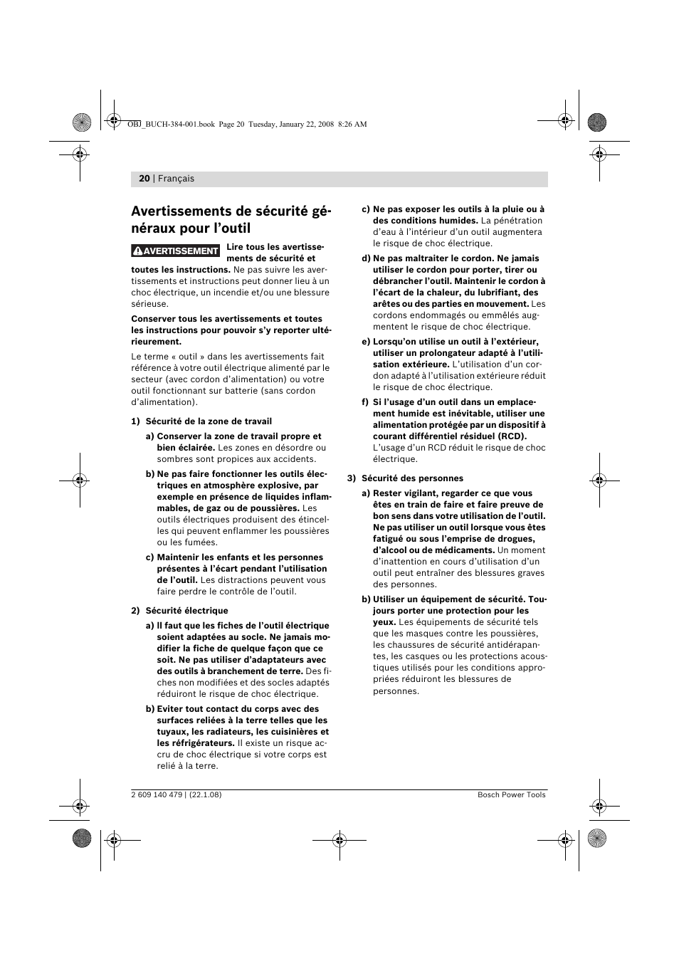 Avertissements de sécurité gé- néraux pour l’outil | Bosch GSS 23 A Professional User Manual | Page 20 / 189