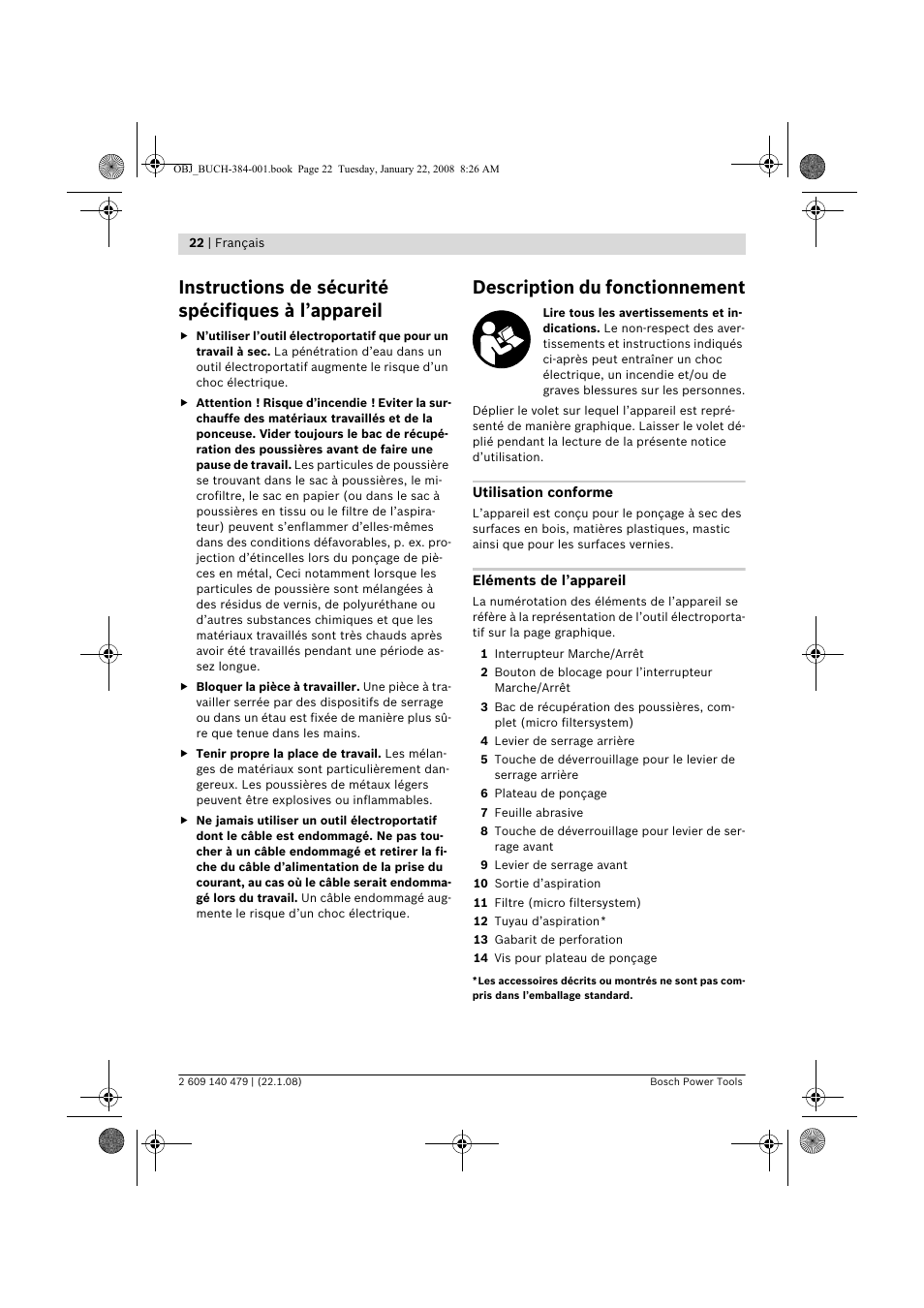 Instructions de sécurité spécifiques à l’appareil, Description du fonctionnement | Bosch GSS 23 A Professional User Manual | Page 22 / 189