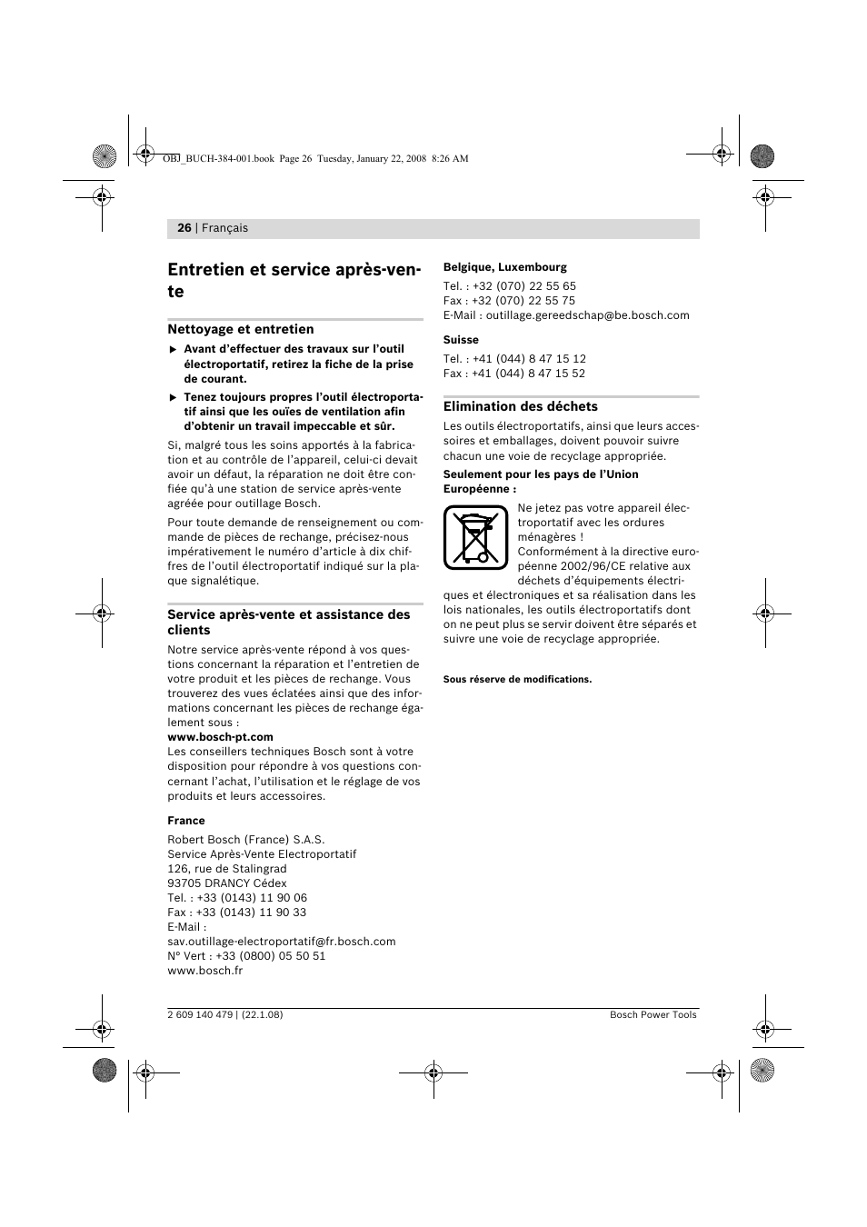 Entretien et service après-ven- te | Bosch GSS 23 A Professional User Manual | Page 26 / 189