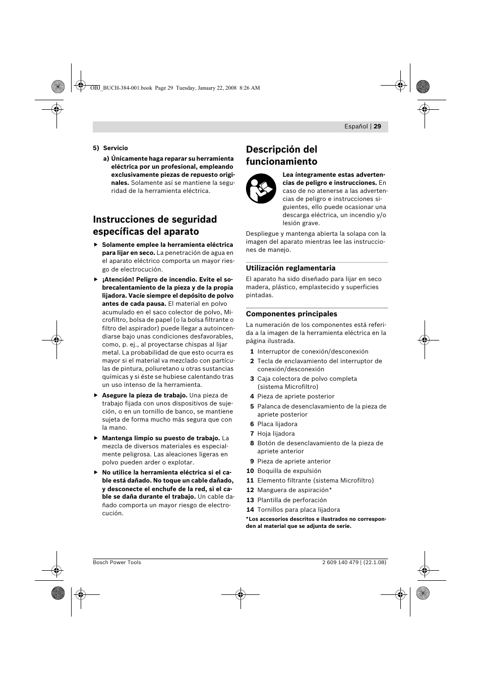 Instrucciones de seguridad específicas del aparato, Descripción del funcionamiento | Bosch GSS 23 A Professional User Manual | Page 29 / 189