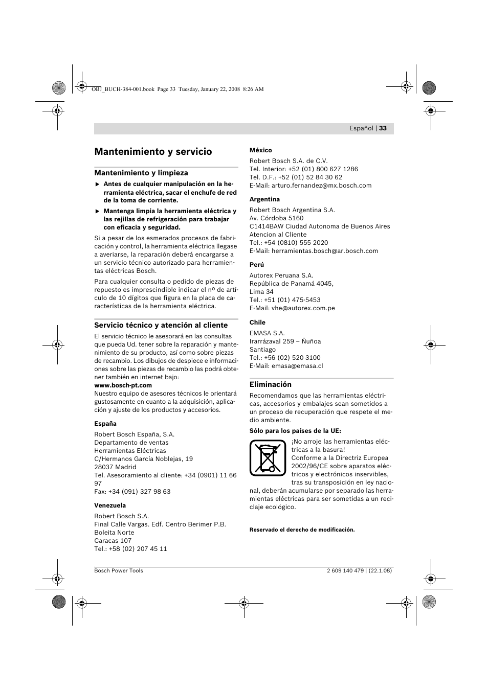 Mantenimiento y servicio | Bosch GSS 23 A Professional User Manual | Page 33 / 189