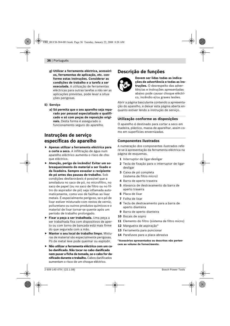 Instruções de serviço específicas do aparelho, Descrição de funções | Bosch GSS 23 A Professional User Manual | Page 36 / 189