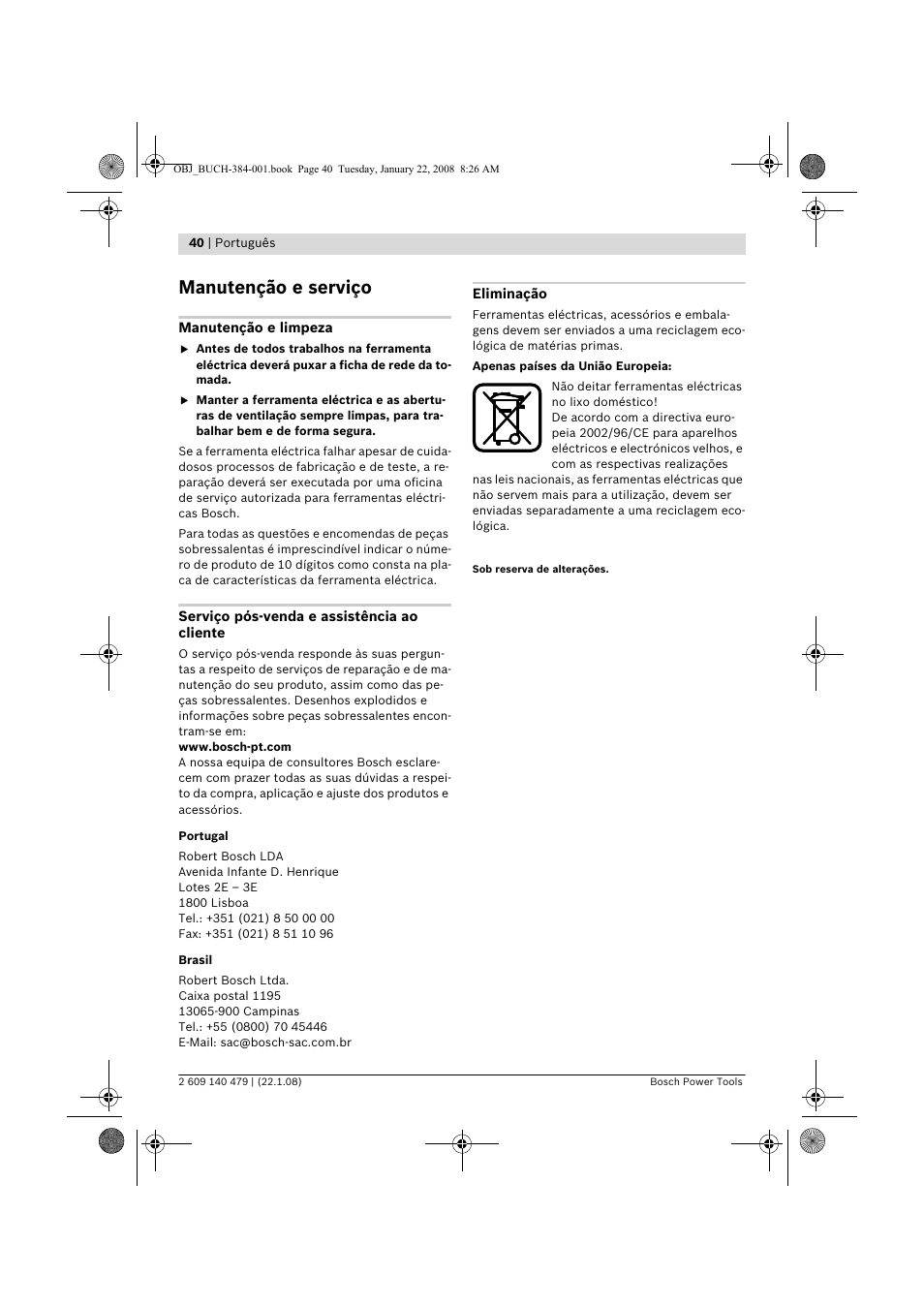 Manutenção e serviço | Bosch GSS 23 A Professional User Manual | Page 40 / 189