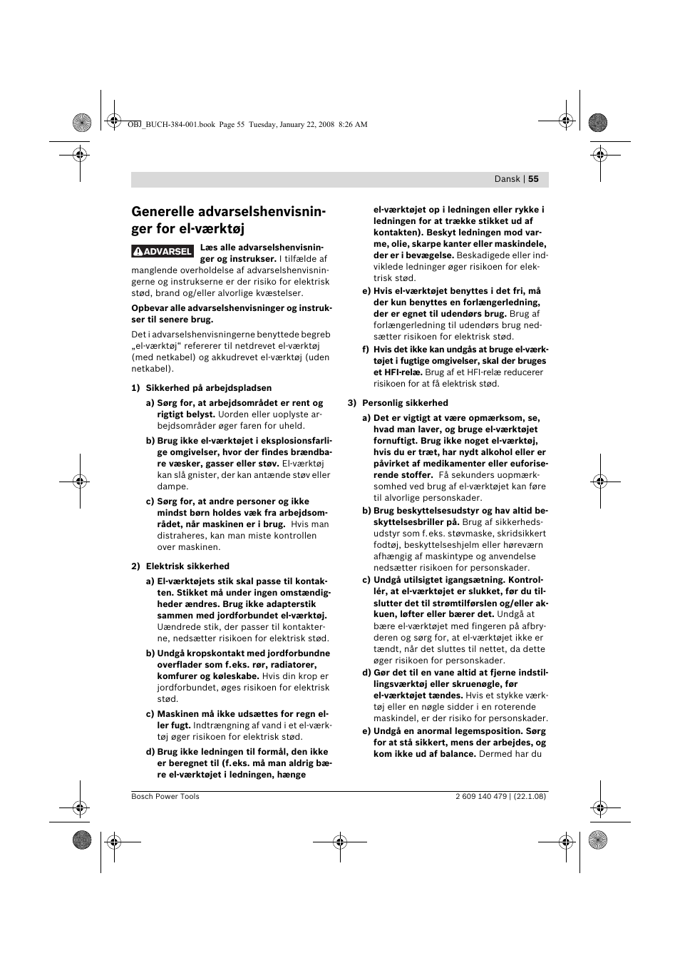 Generelle advarselshenvisnin- ger for el-værktøj | Bosch GSS 23 A Professional User Manual | Page 55 / 189