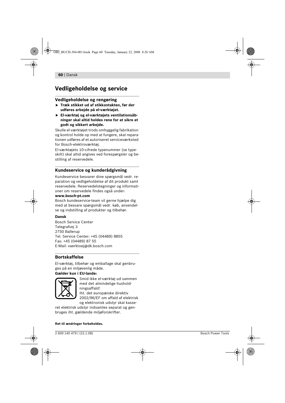 Vedligeholdelse og service | Bosch GSS 23 A Professional User Manual | Page 60 / 189