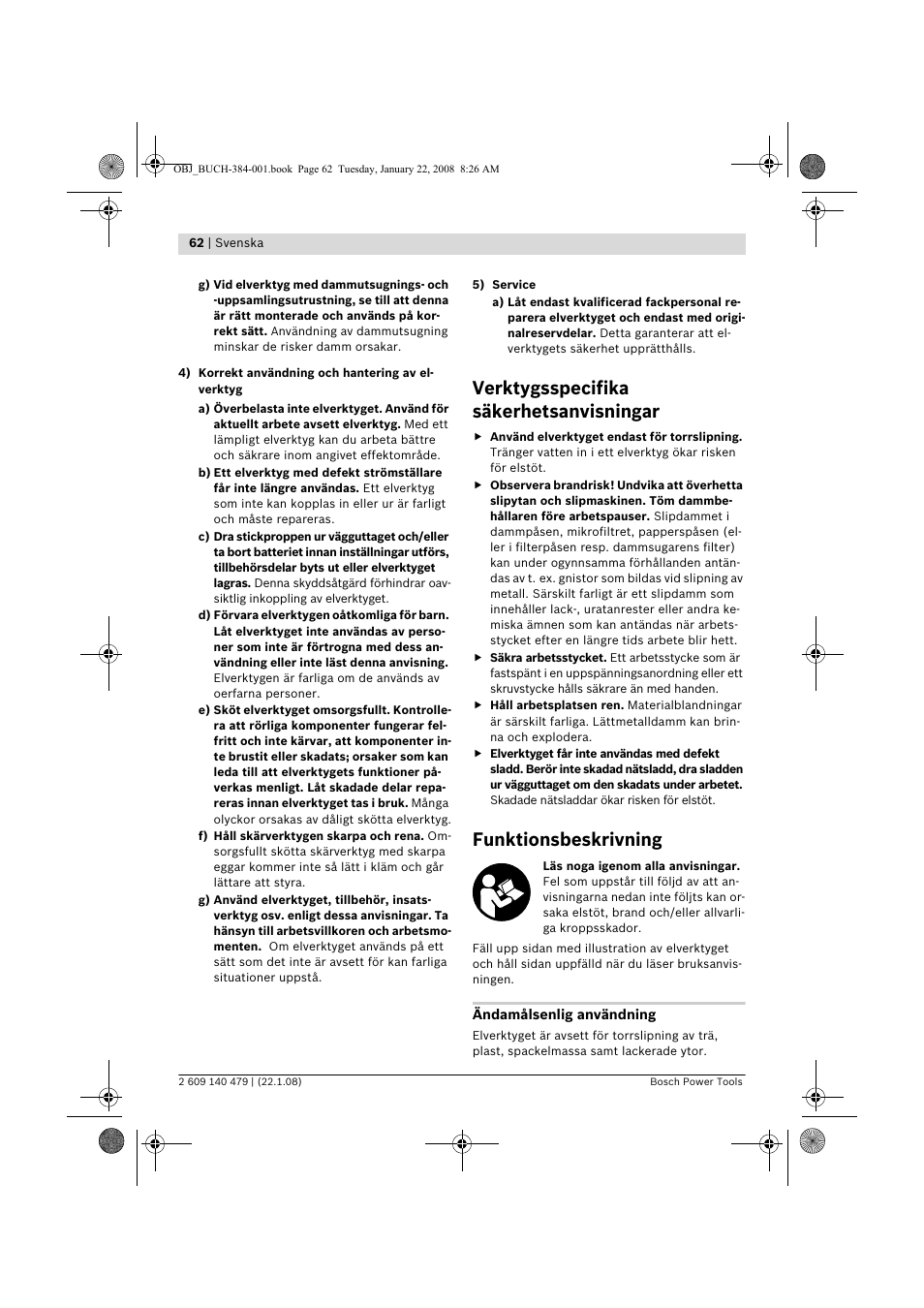 Verktygsspecifika säkerhetsanvisningar, Funktionsbeskrivning | Bosch GSS 23 A Professional User Manual | Page 62 / 189