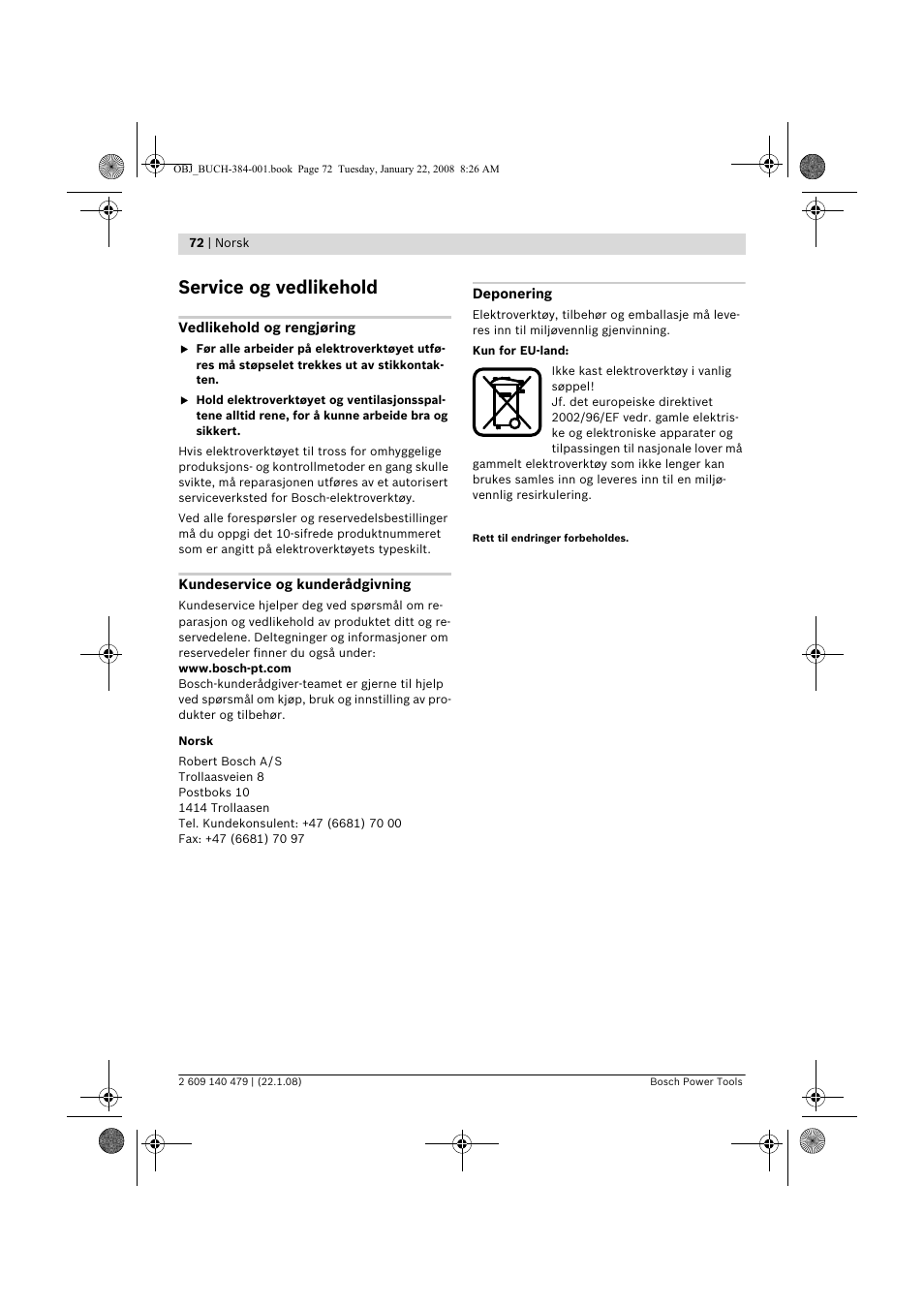 Service og vedlikehold | Bosch GSS 23 A Professional User Manual | Page 72 / 189