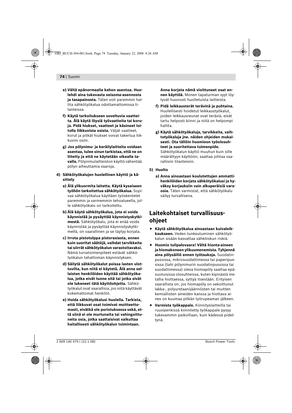 Laitekohtaiset turvallisuus- ohjeet | Bosch GSS 23 A Professional User Manual | Page 74 / 189