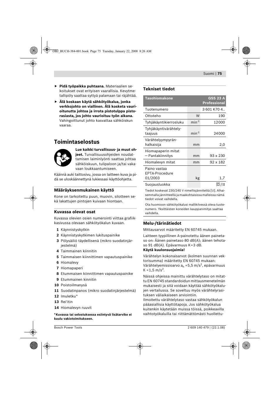 Toimintaselostus | Bosch GSS 23 A Professional User Manual | Page 75 / 189