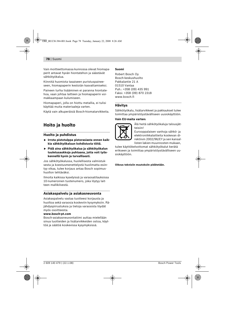 Hoito ja huolto | Bosch GSS 23 A Professional User Manual | Page 78 / 189