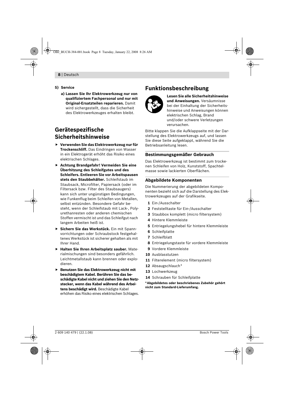 Gerätespezifische sicherheitshinweise, Funktionsbeschreibung | Bosch GSS 23 A Professional User Manual | Page 8 / 189