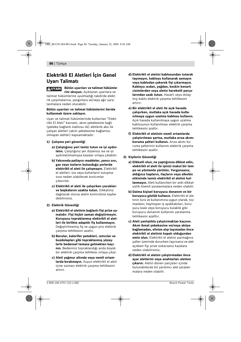 Elektrikli el aletleri için genel uyar talimat | Bosch GSS 23 A Professional User Manual | Page 86 / 189